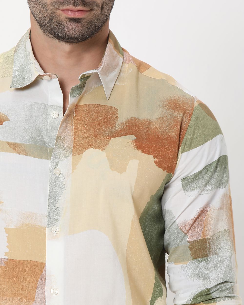 Beige Abstract Print Slim Fit Casual Shirt
