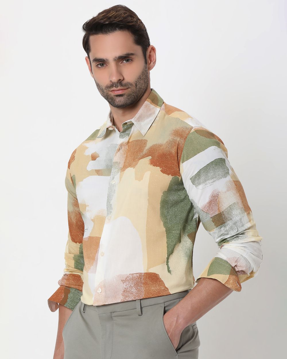 Beige Abstract Print Slim Fit Casual Shirt