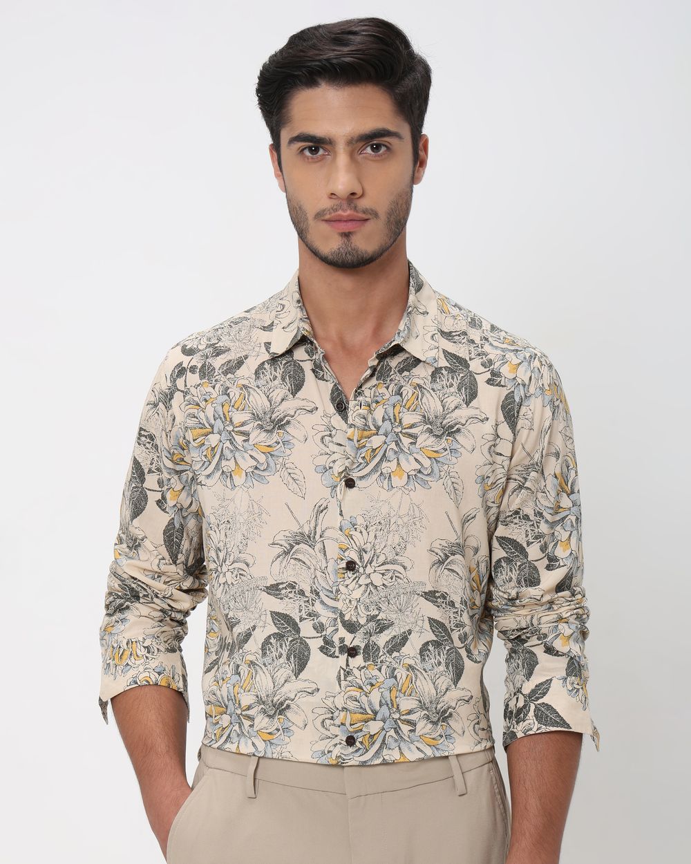 Beige Floral Print Slim Fit Casual Shirt