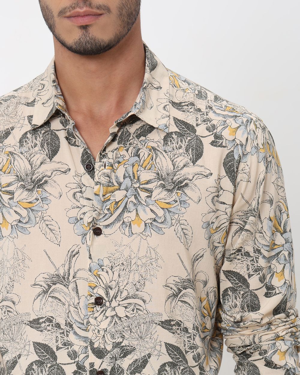 Beige Floral Print Slim Fit Casual Shirt
