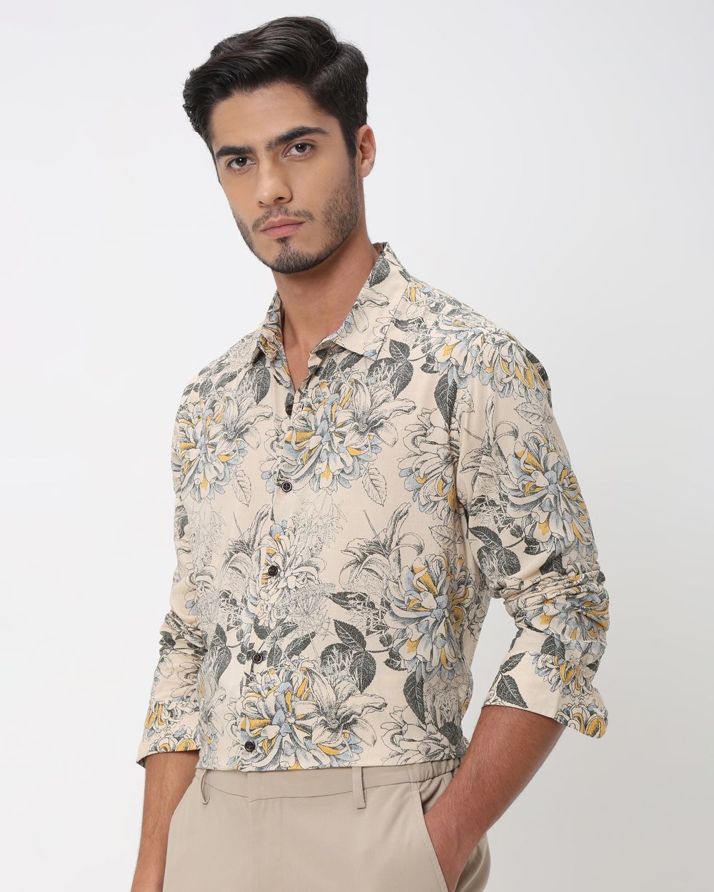 Beige Floral Print Slim Fit Casual Shirt