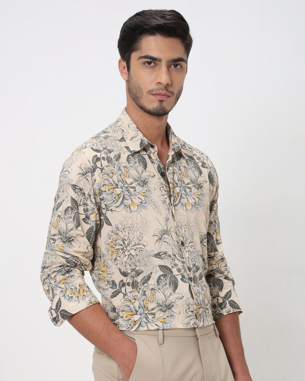 Beige Floral Print Slim Fit Casual Shirt