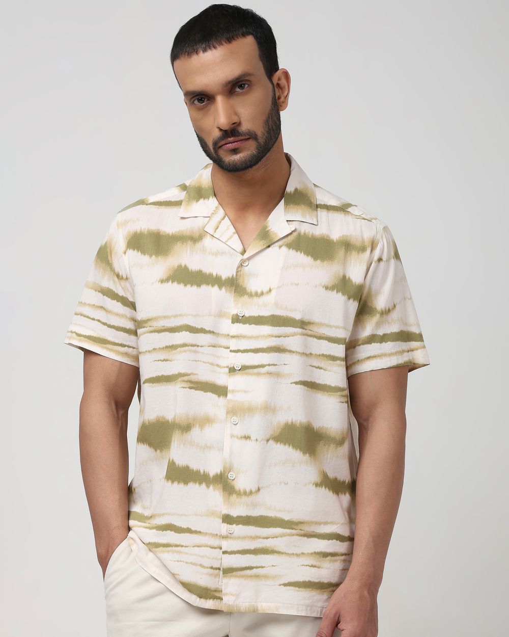 Beige Abstract Print Slim Fit Casual Shirt