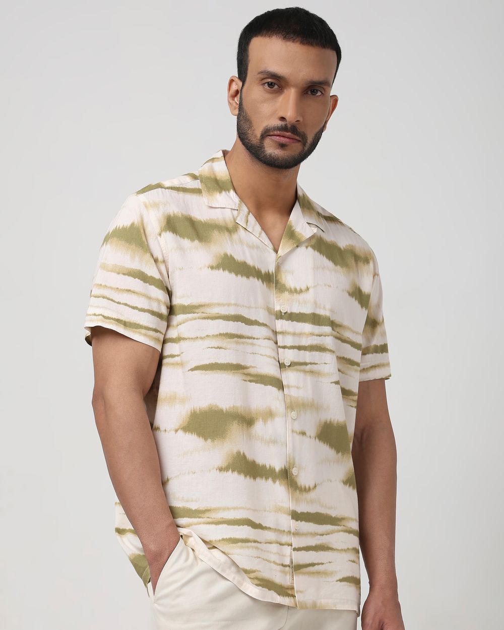 Beige Abstract Print Slim Fit Casual Shirt