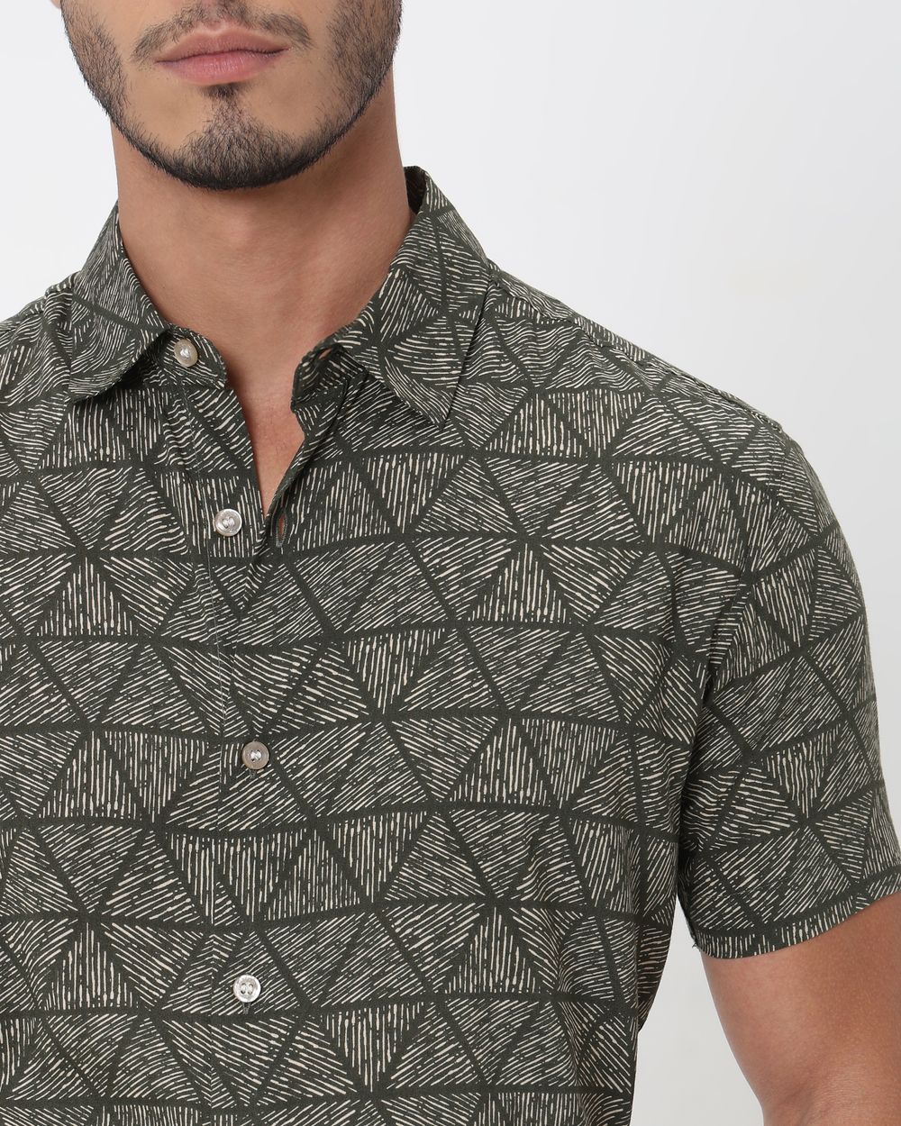 Olive Geometric Print Slim Fit Casual Shirt