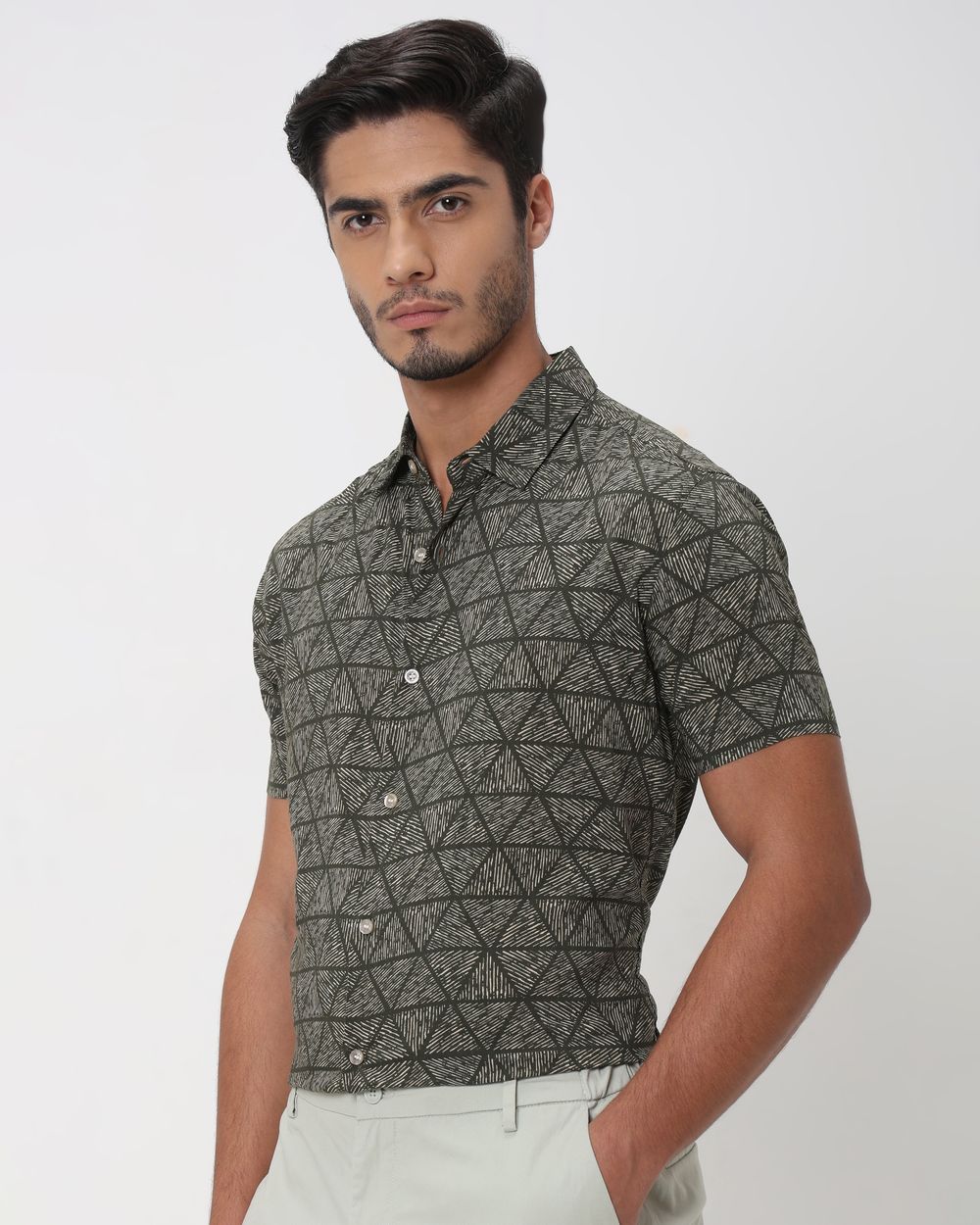 Olive Geometric Print Slim Fit Casual Shirt