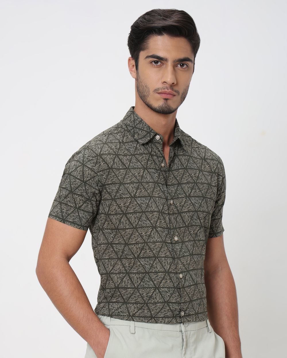 Olive Geometric Print Slim Fit Casual Shirt