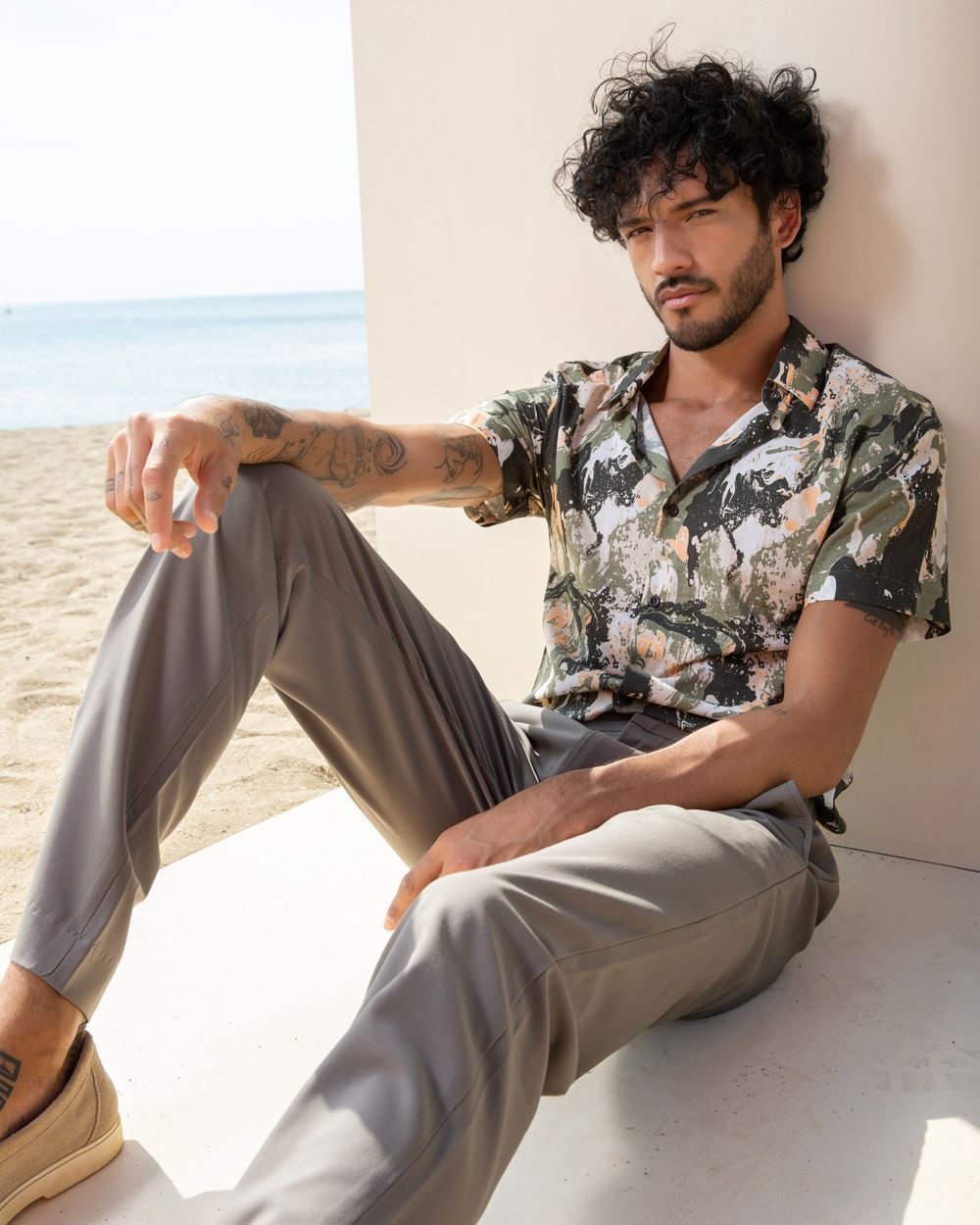 Olive Camo Print Slim Fit Casual Shirt