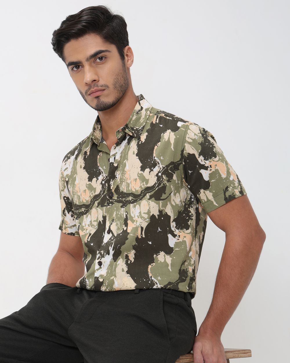 Olive Camo Print Slim Fit Casual Shirt