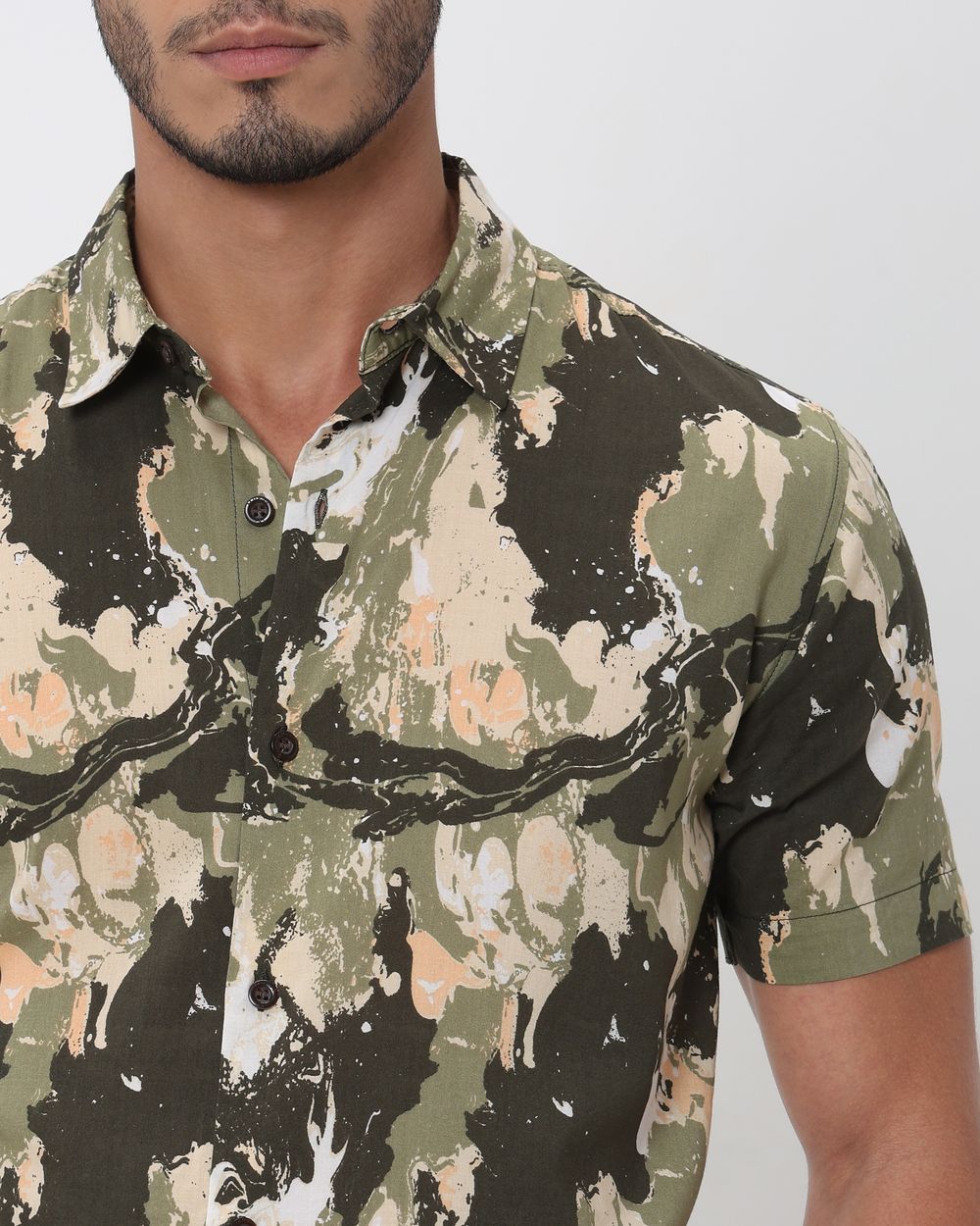 Olive Camo Print Slim Fit Casual Shirt