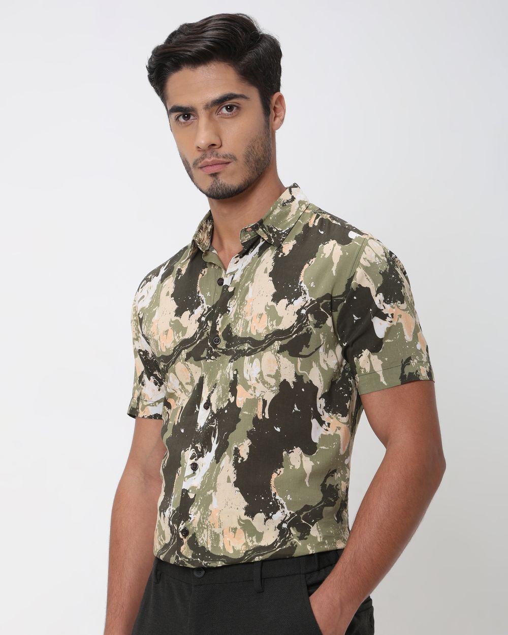 Olive Camo Print Slim Fit Casual Shirt