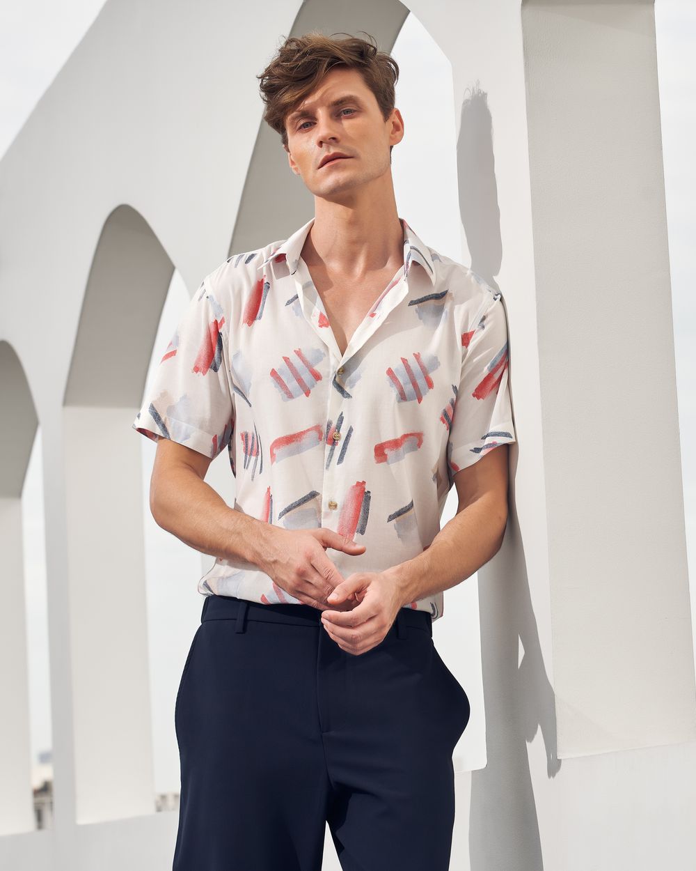 White Geometric Print Slim Fit Casual Shirt