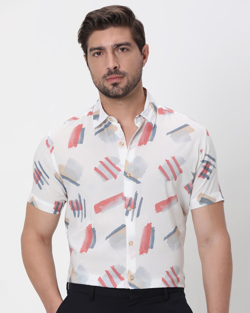 White Geometric Print Slim Fit Casual Shirt