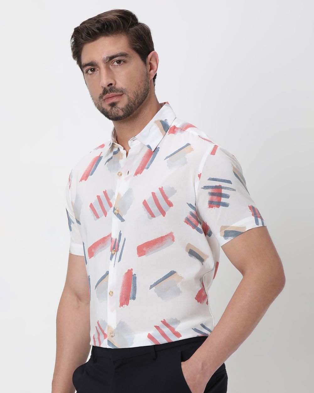 White Geometric Print Slim Fit Casual Shirt