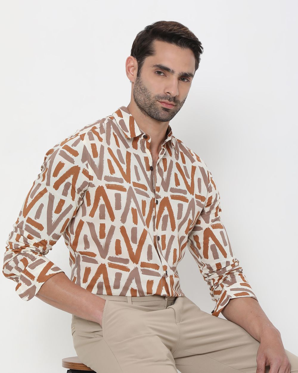 Beige Geometric Print Slim Fit Casual Shirt