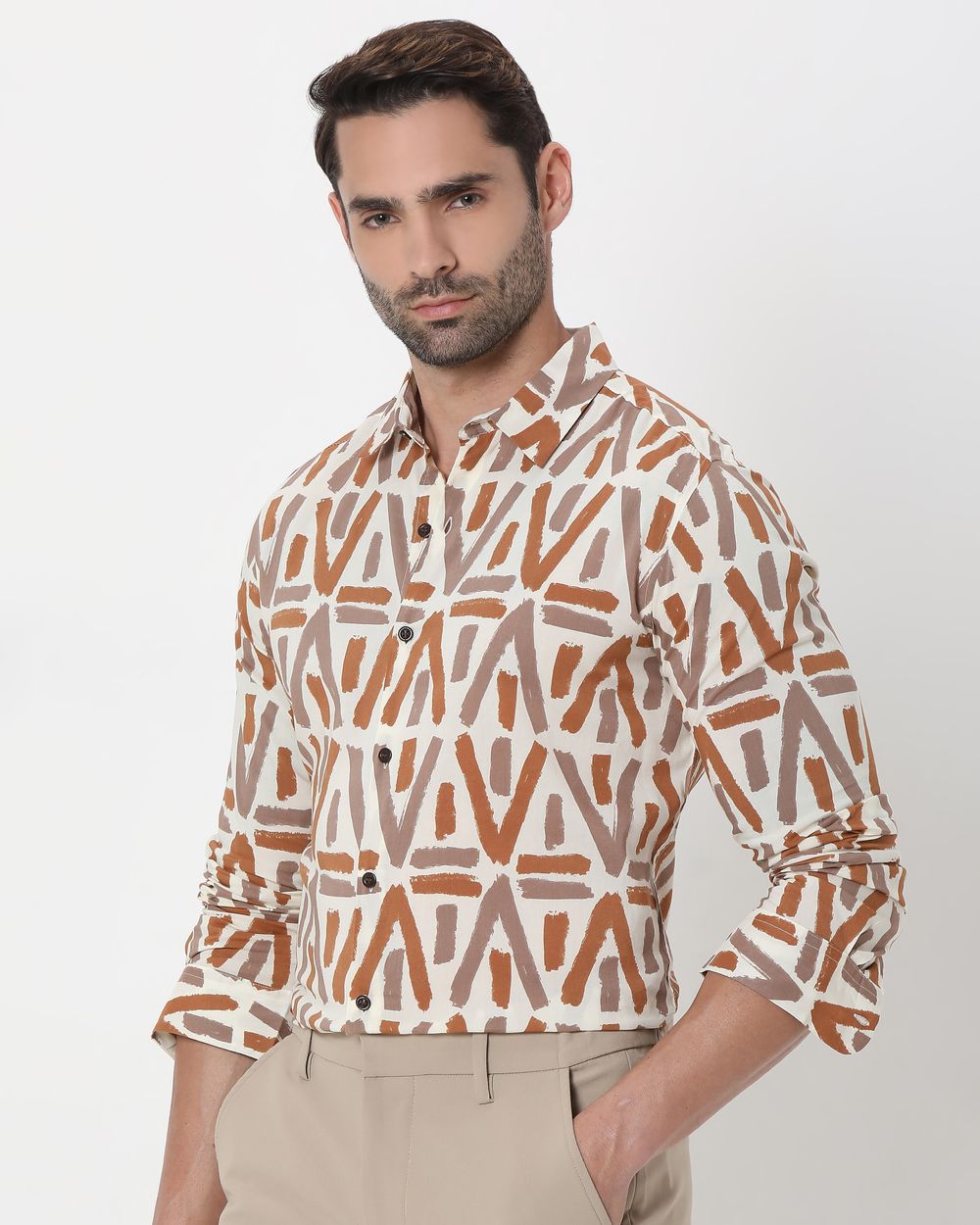 Beige Geometric Print Slim Fit Casual Shirt