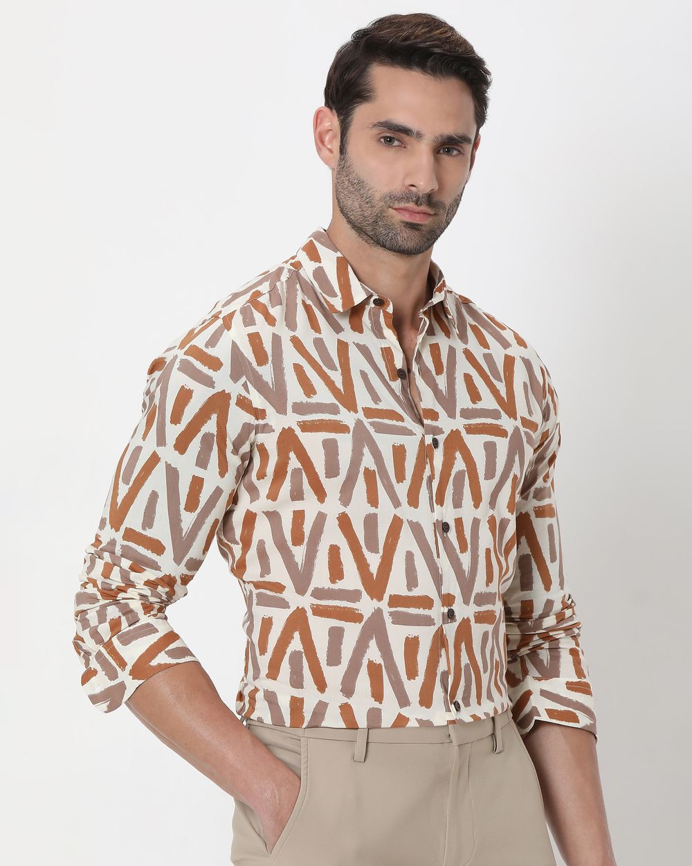Beige Geometric Print Slim Fit Casual Shirt