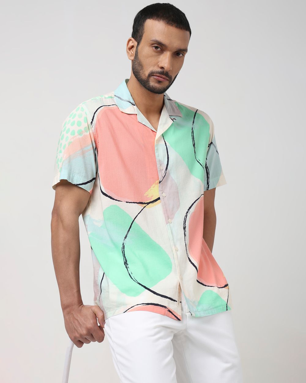 Off White Abstract Print Slim Fit Casual Shirt