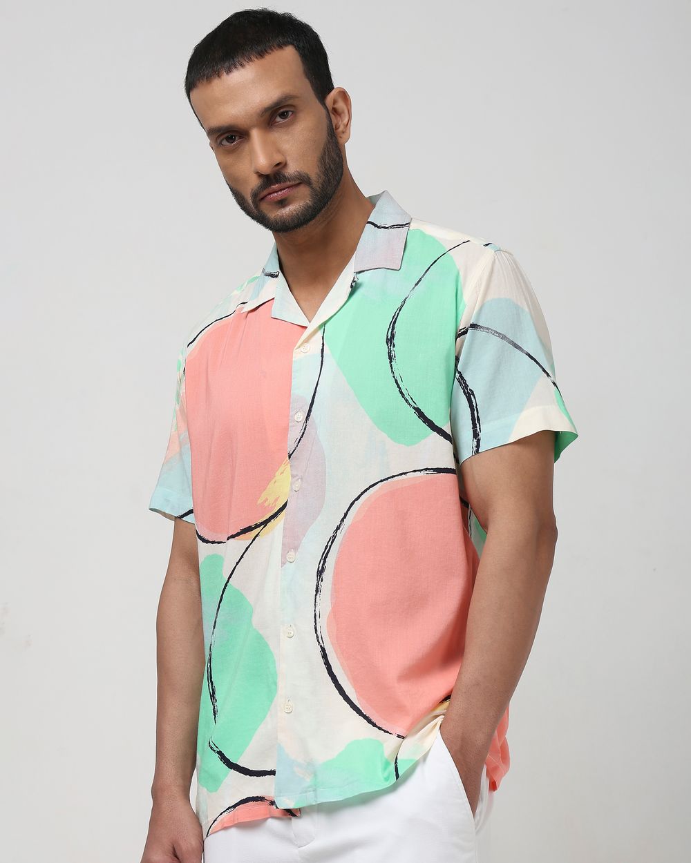 Off White Abstract Print Slim Fit Casual Shirt