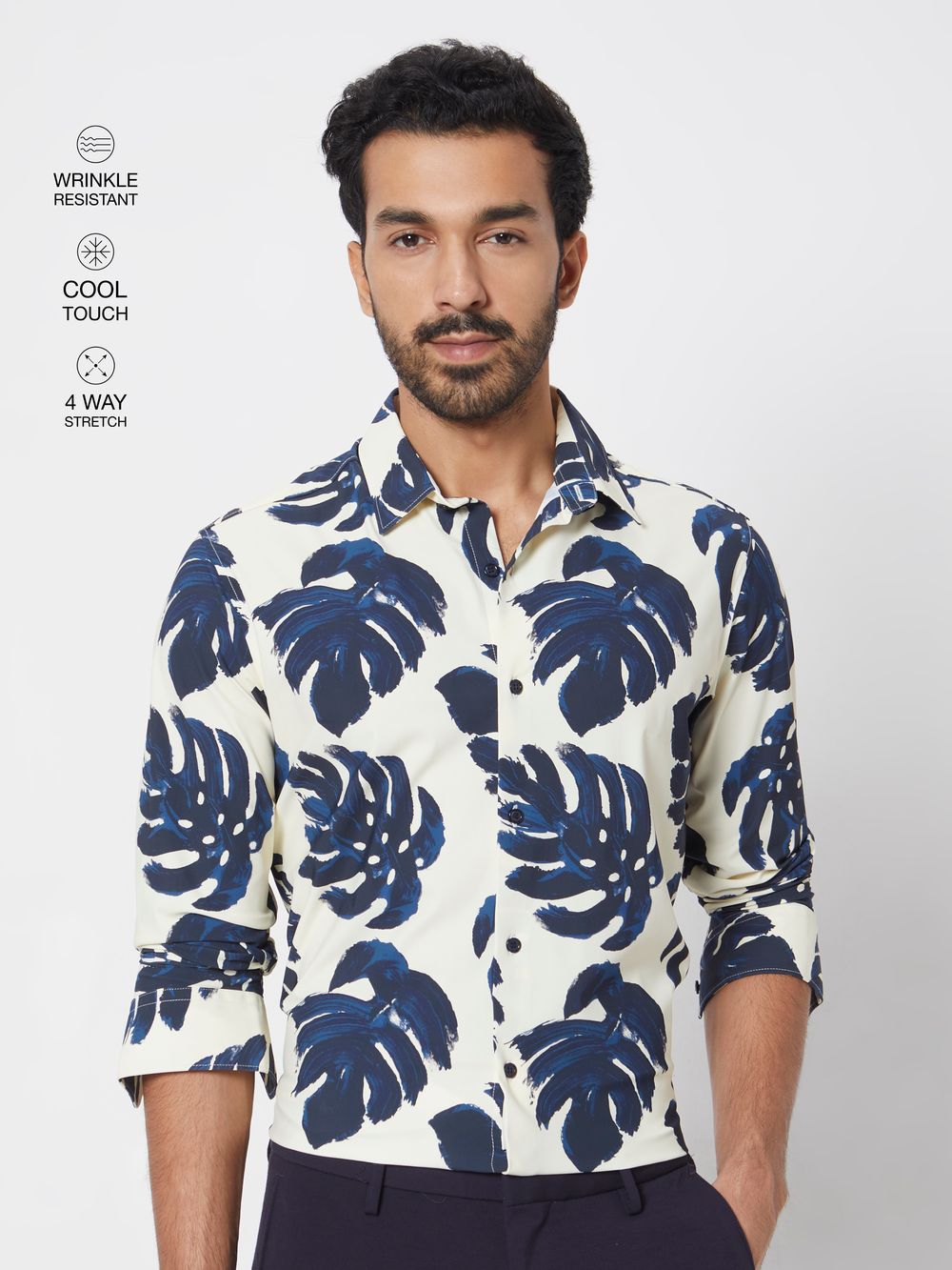 White Leaf Print Slim Fit Casual Shirt