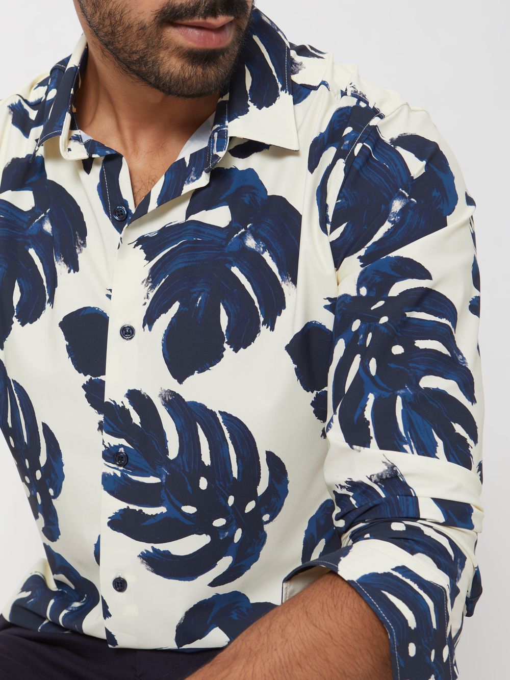 White Leaf Print Slim Fit Casual Shirt