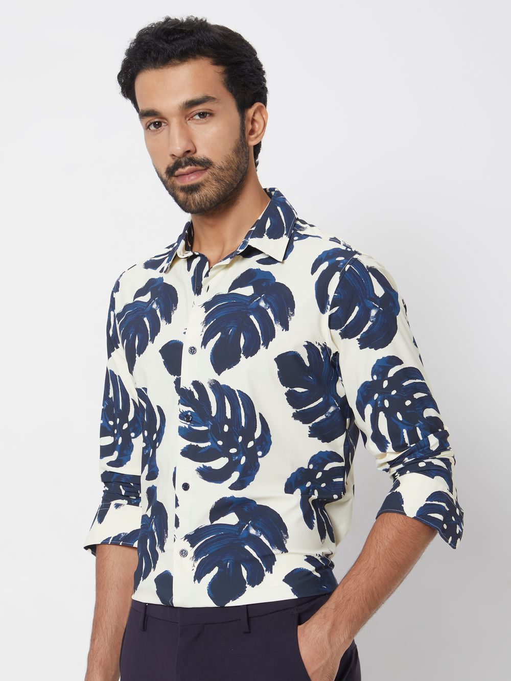 White Leaf Print Slim Fit Casual Shirt