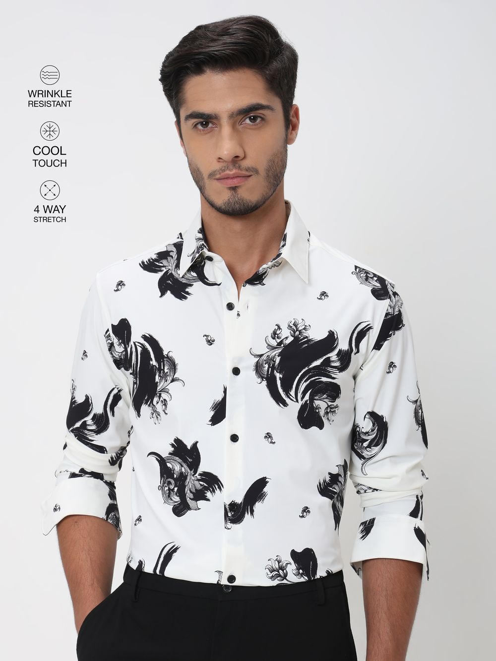 White Abstract Print Slim Fit Casual Shirt