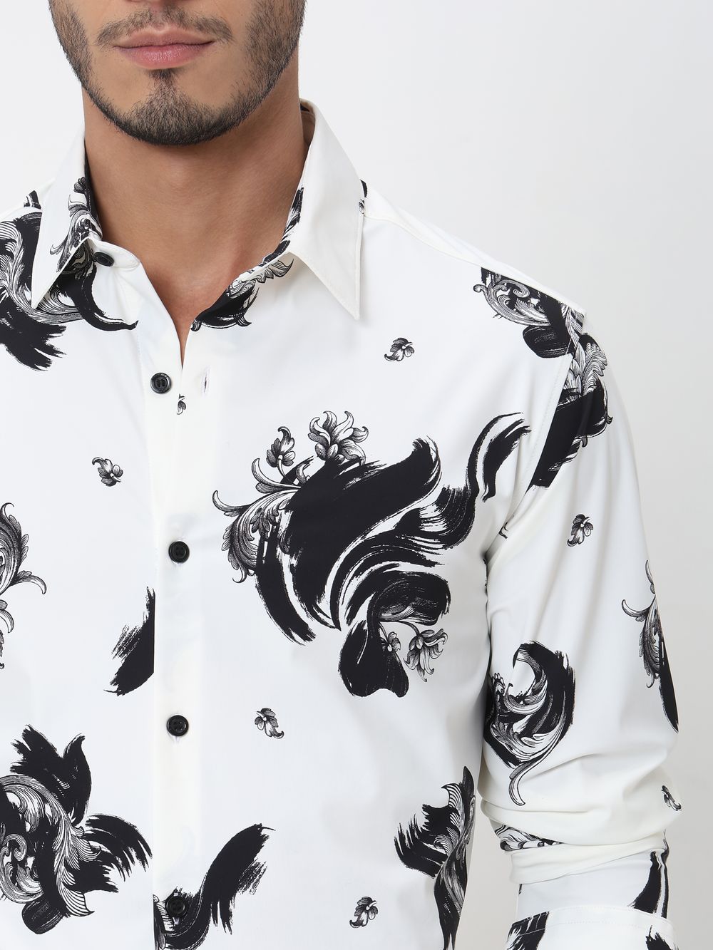 White Abstract Print Slim Fit Casual Shirt