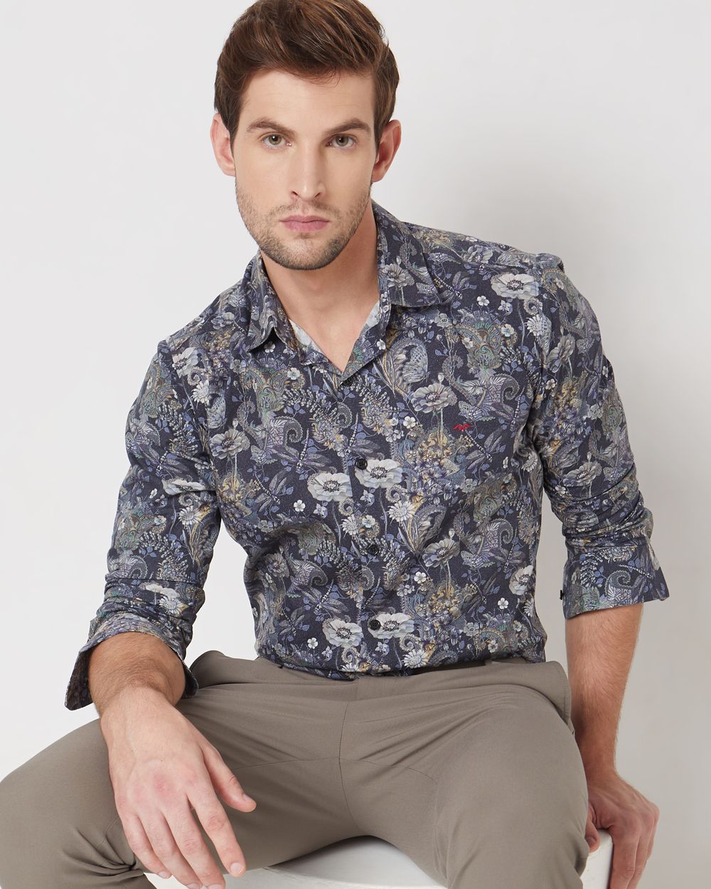 Navy Digital Print Slim Fit Casual Shirt