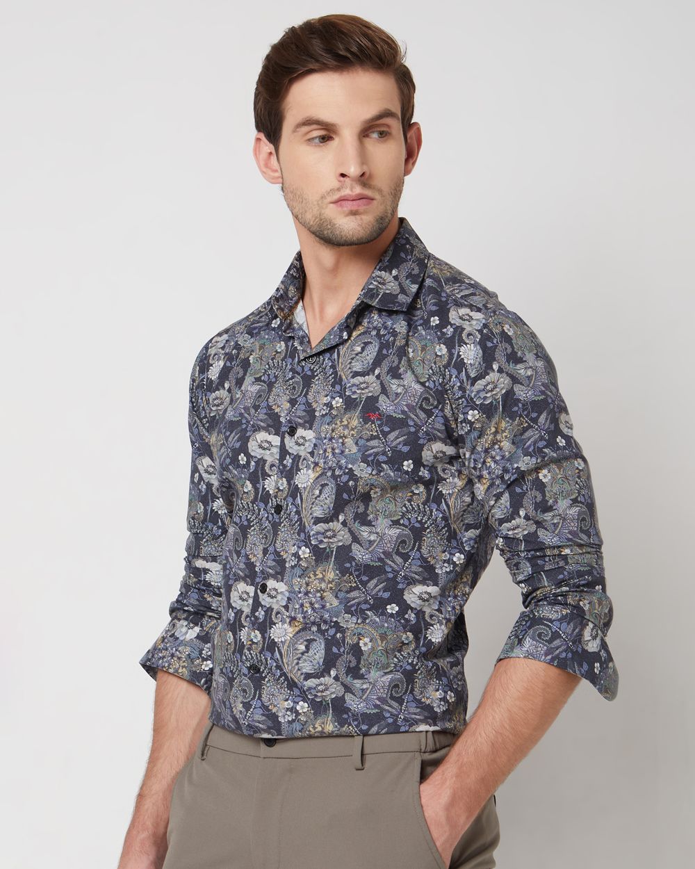 Navy Digital Print Slim Fit Casual Shirt
