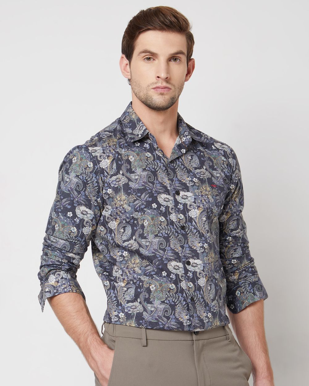 Navy Digital Print Slim Fit Casual Shirt