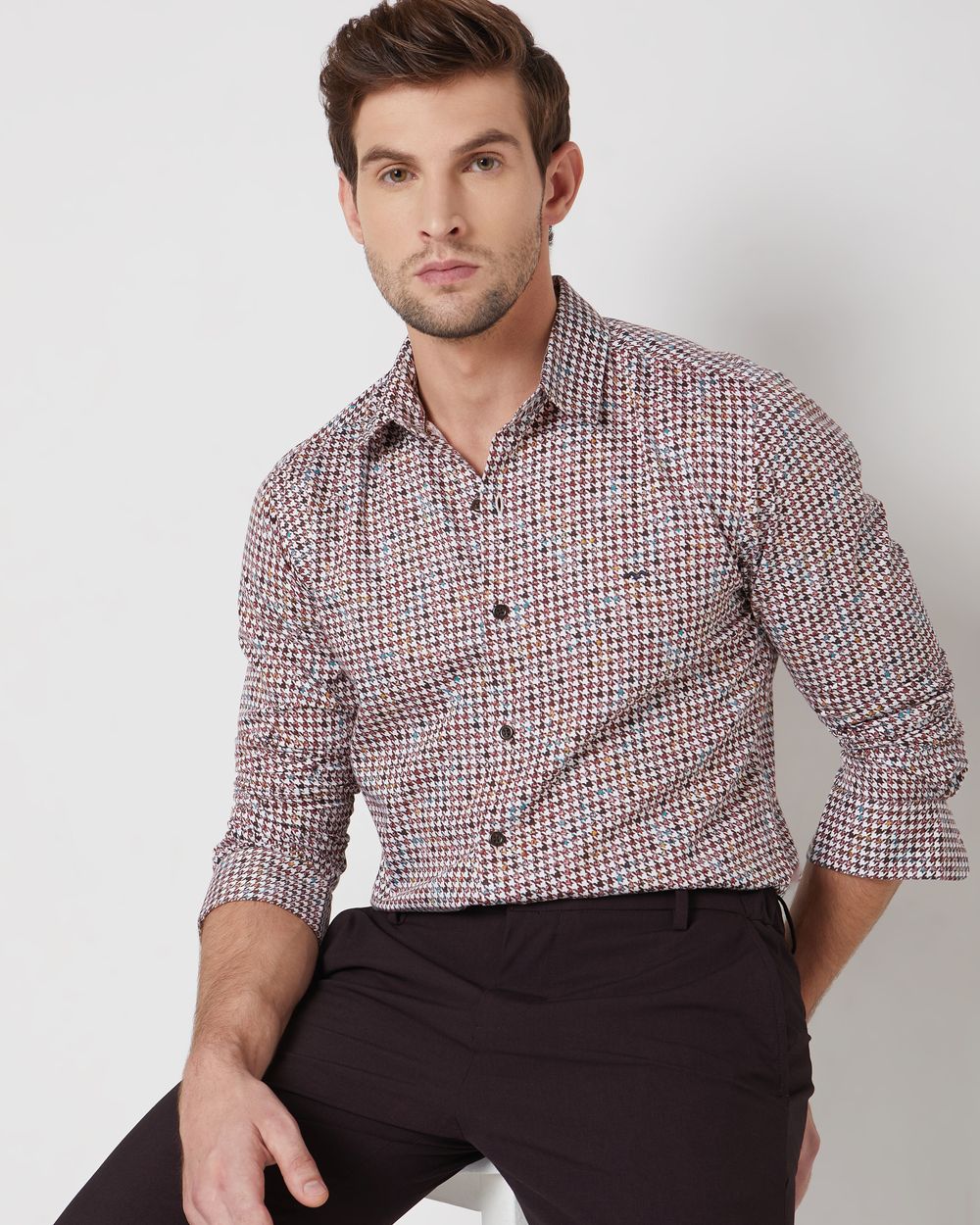Maroon Digital Print Slim Fit Casual Shirt