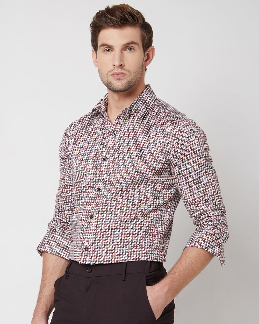 Maroon Digital Print Slim Fit Casual Shirt