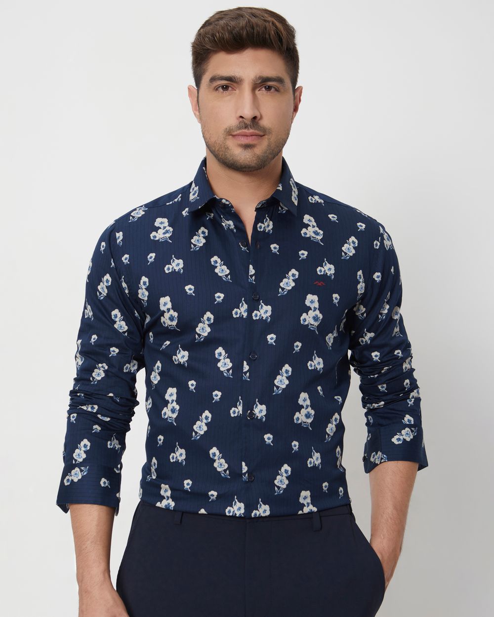 Navy Floral Print Slim Fit Casual Shirt