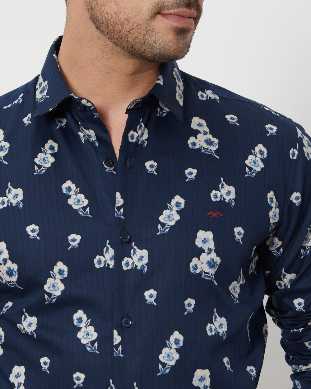 Navy Floral Print Slim Fit Casual Shirt