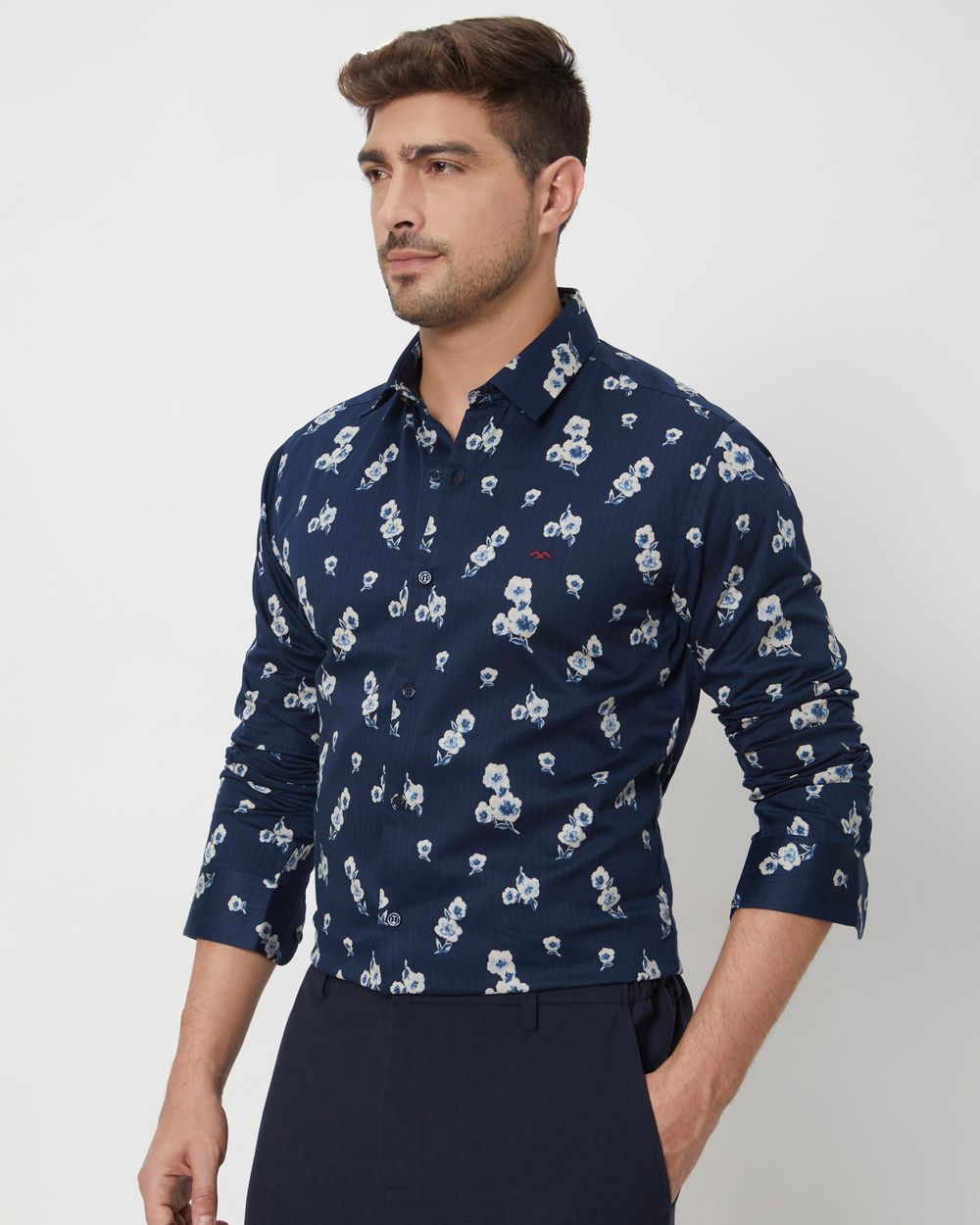 Navy Floral Print Slim Fit Casual Shirt
