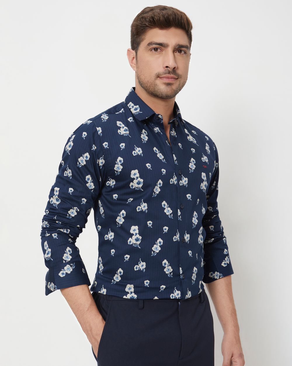 Navy Floral Print Slim Fit Casual Shirt
