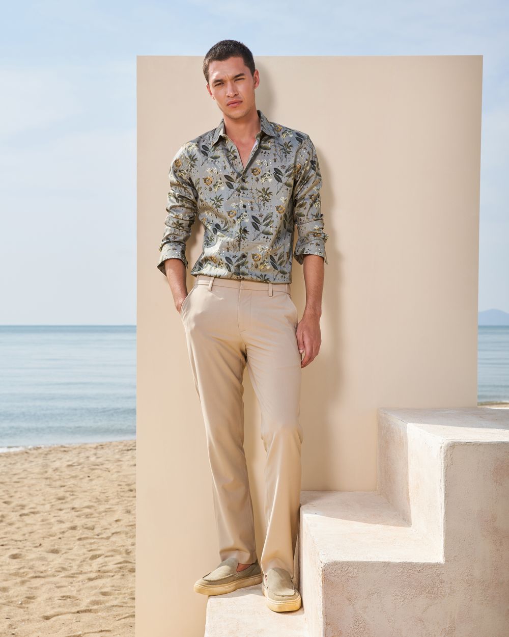 Olive Floral Print Slim Fit Casual Shirt