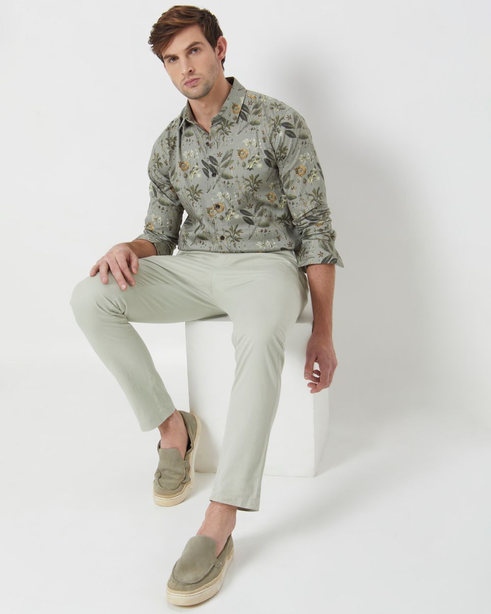 Olive Floral Print Slim Fit Casual Shirt