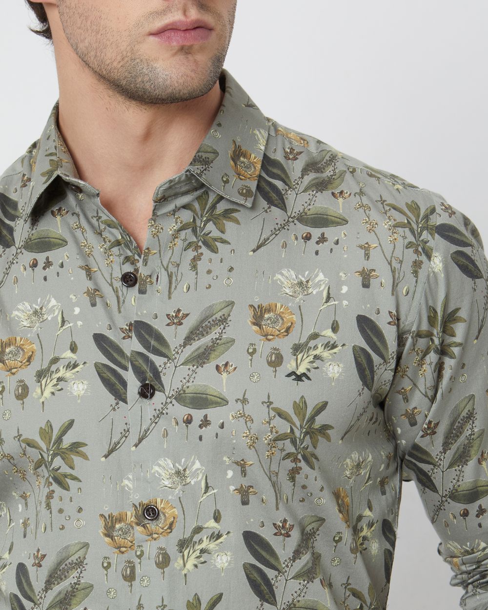 Olive Floral Print Slim Fit Casual Shirt