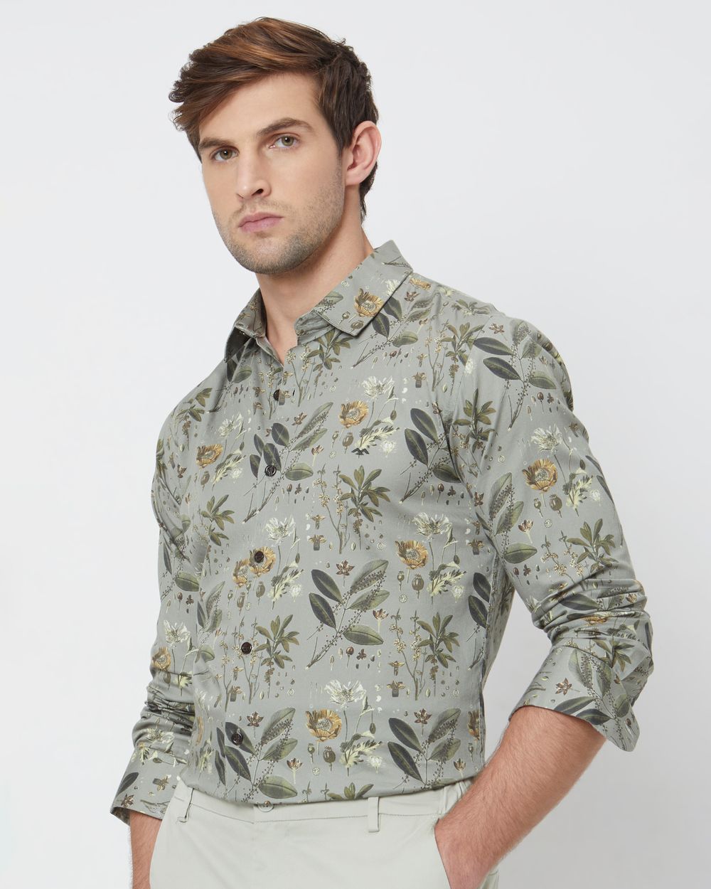 Olive Floral Print Slim Fit Casual Shirt