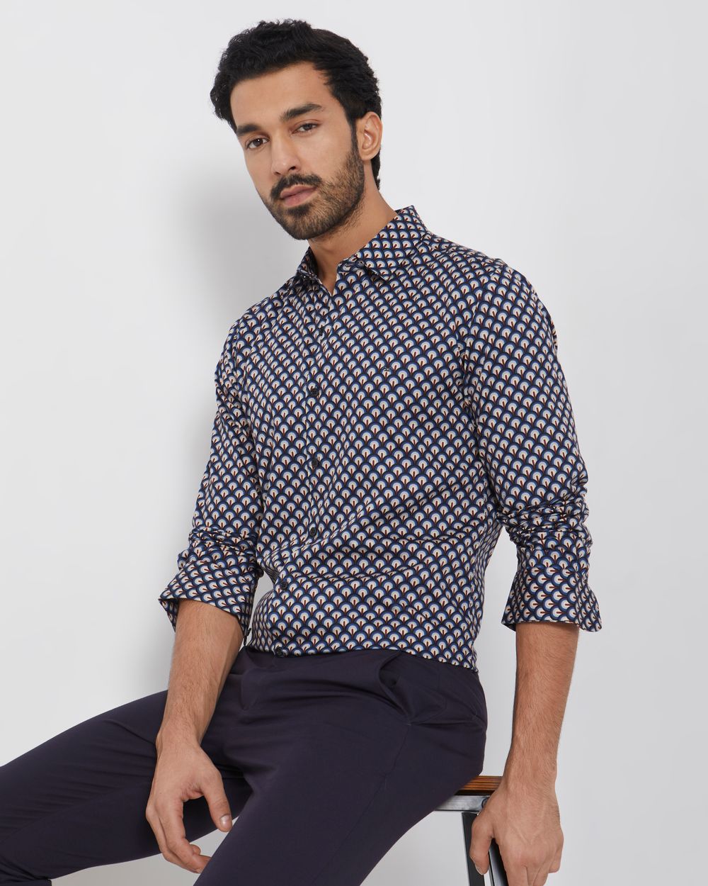 Navy Geometric Print Slim Fit Casual Shirt