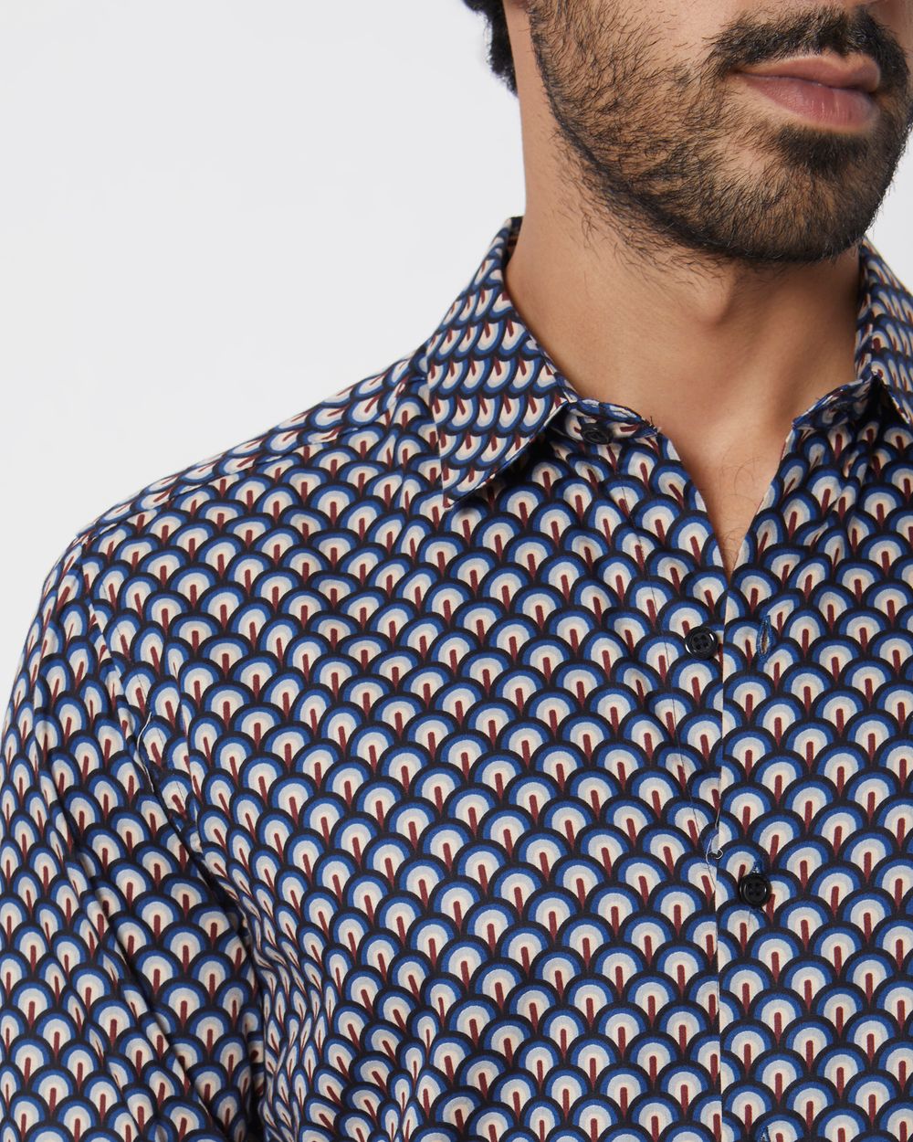 Navy Geometric Print Slim Fit Casual Shirt