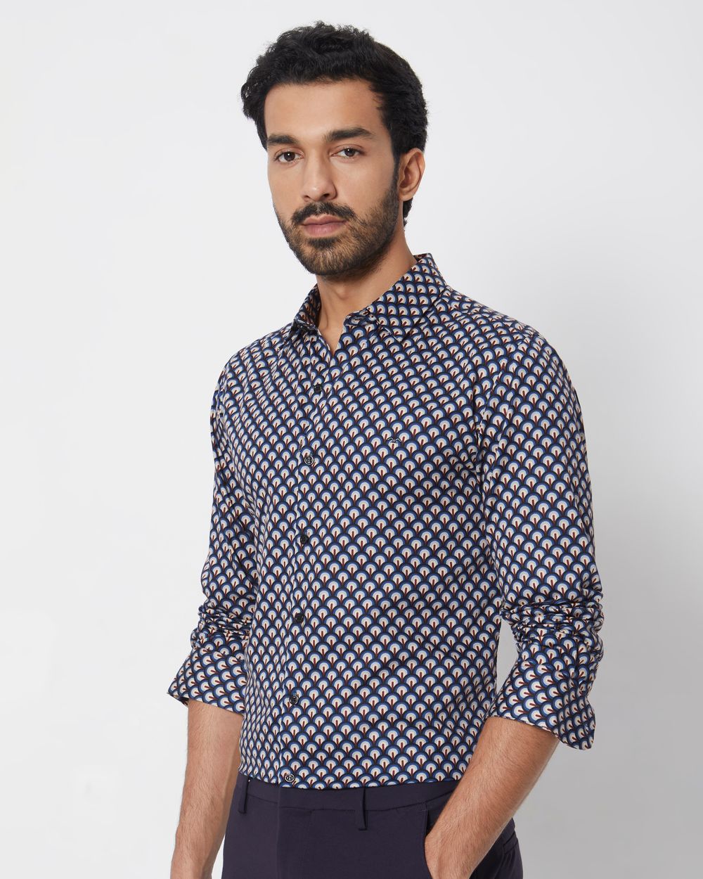 Navy Geometric Print Slim Fit Casual Shirt