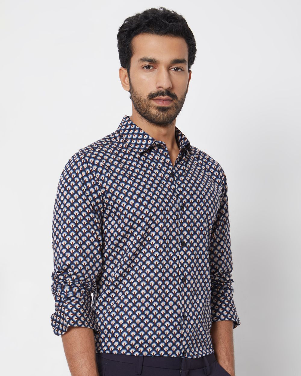Navy Geometric Print Slim Fit Casual Shirt