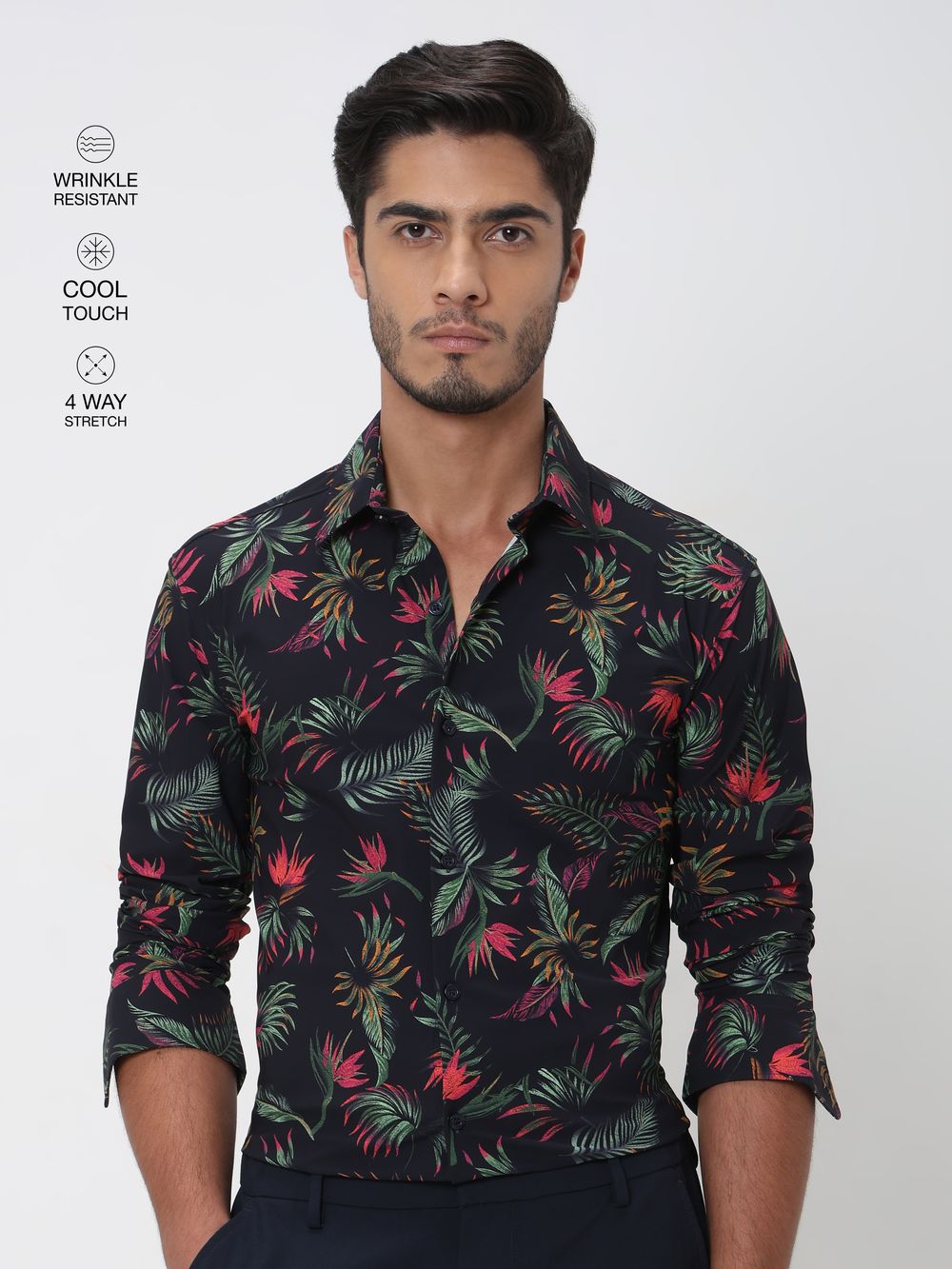 Navy Leaf Print Slim Fit Casual Shirt