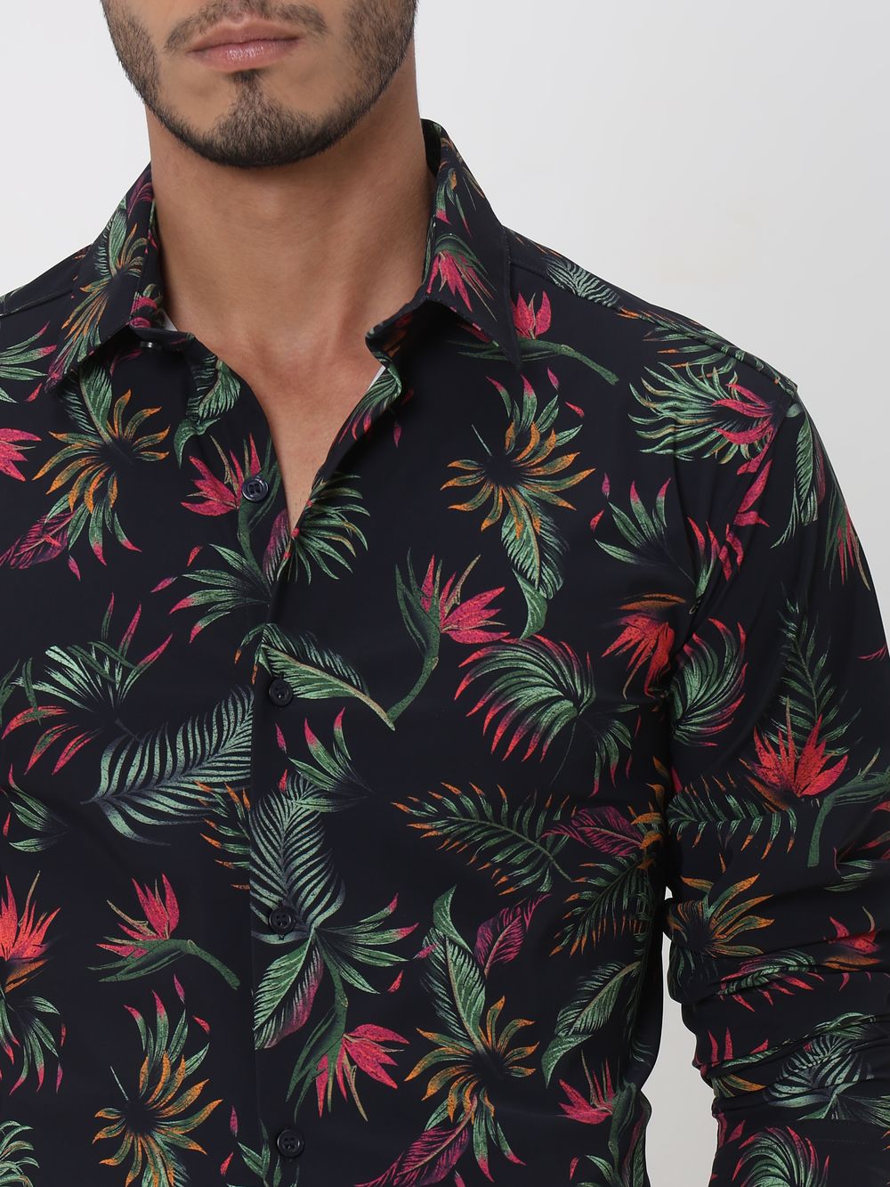 Navy Leaf Print Slim Fit Casual Shirt