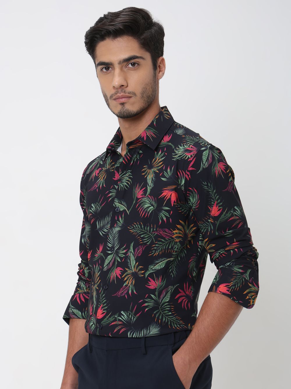 Navy Leaf Print Slim Fit Casual Shirt