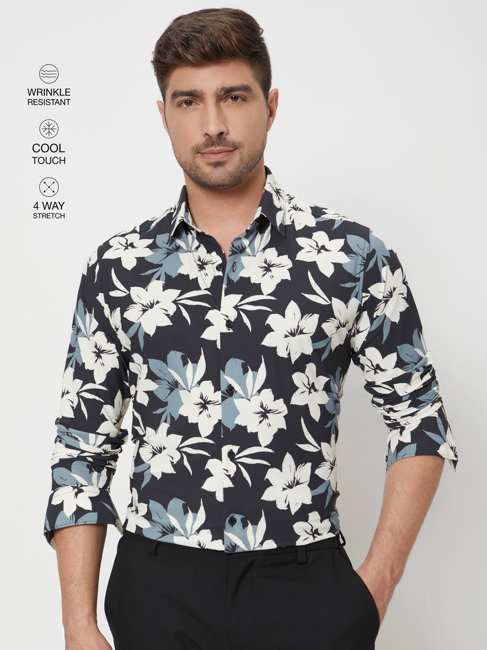 Black Floral Print Slim Fit Casual Shirt