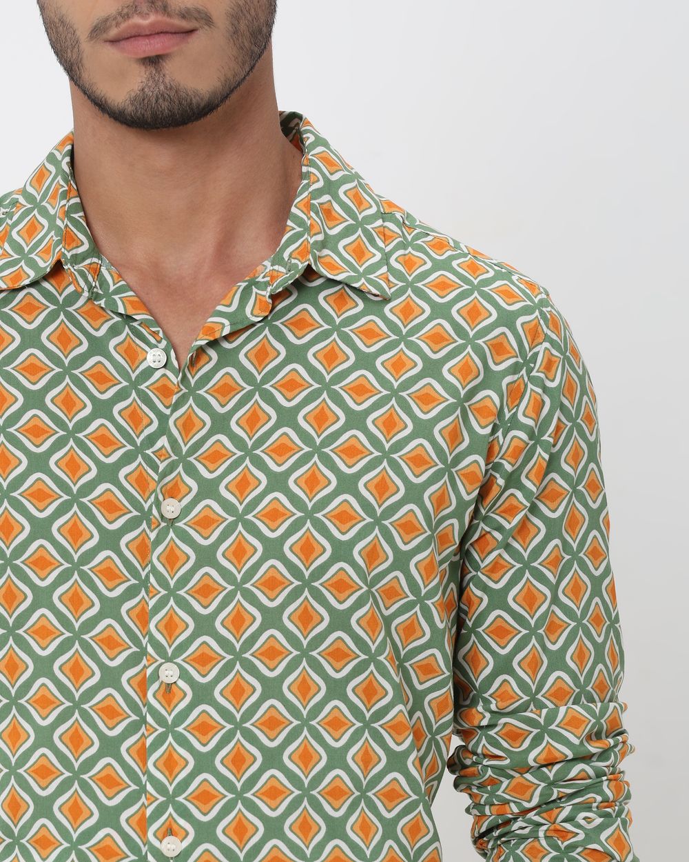 Green Geometric Print Slim Fit Casual Shirt